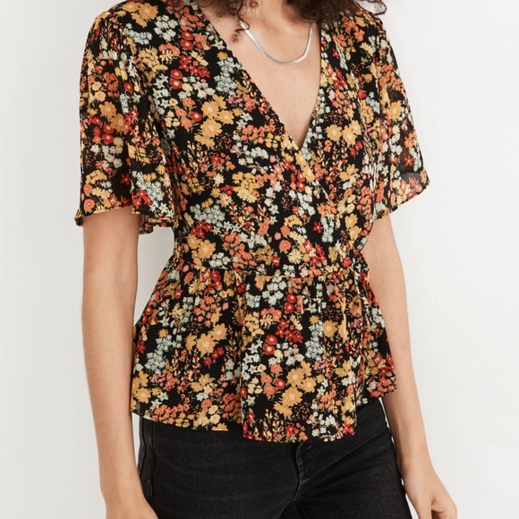 Madewell Short-Sleeve Peplum Wrap Top in Flower Garden - Picture 1 of 5